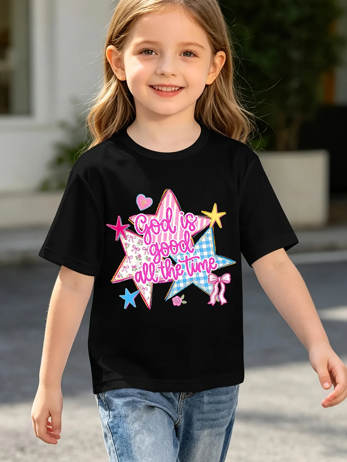 God Is Good All The Time Star Print T Shirt Boys Girls Faith Short Sleeve Tee Family Matching Kids Casual Cotton Daily Tops