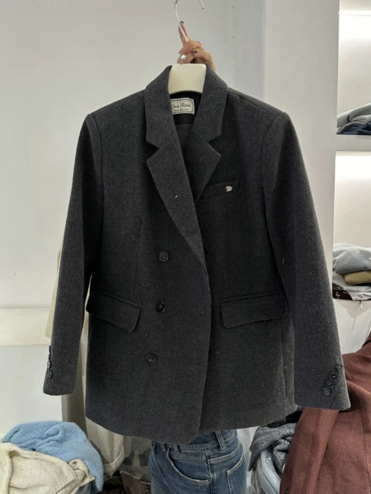 

Casual Woolen Women's Suit 2024 Autumn New Double Breasted Lapel Coat Long Sleeve Pure Color Commute Style Regular Length