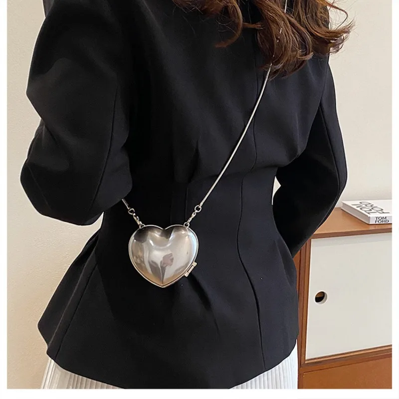 Sliver Women\'s Ladies Luxury Heart Shape Mini Coin Purses Evening Party Cute Shoulder Bag Crossbody Bags Small Handbags Fashion