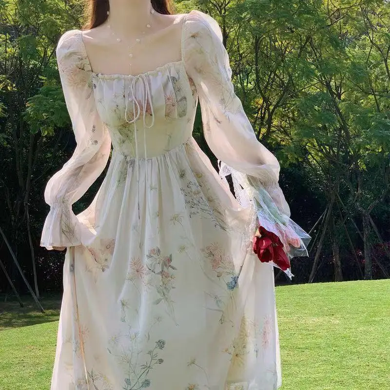 Spring Summer New Long Sleeve Chiffon Dress Fairy Tale Gentle Tea Break First Love Skirt High Waist A-Line Silhouette Basic S...
