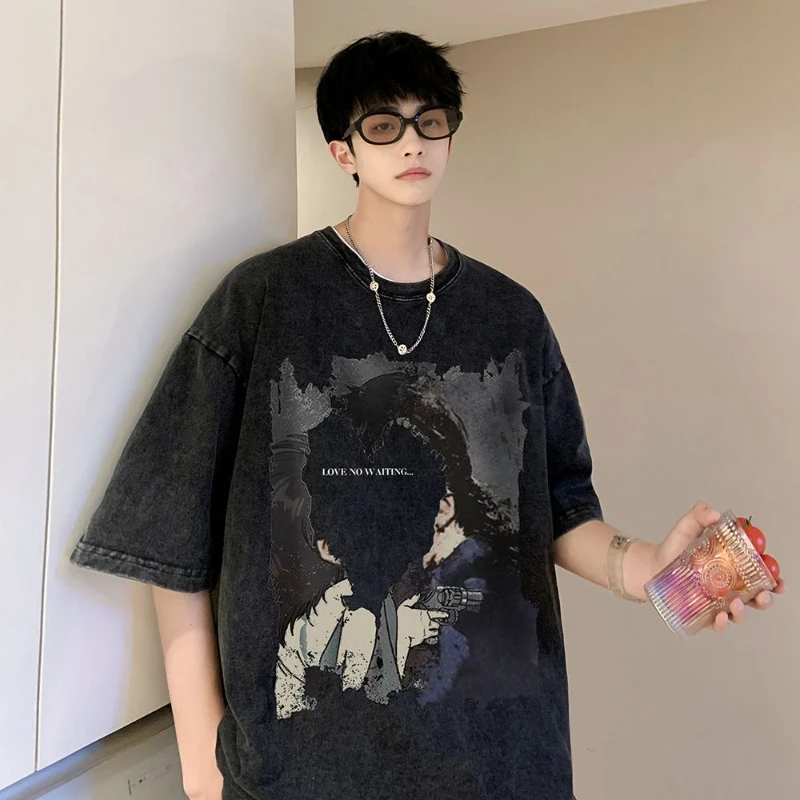 

Hiphop Oversize T-shirt Men Fashion New Loose High Street Print O-neck Daily Basics Half Sleeve Vintage Tops