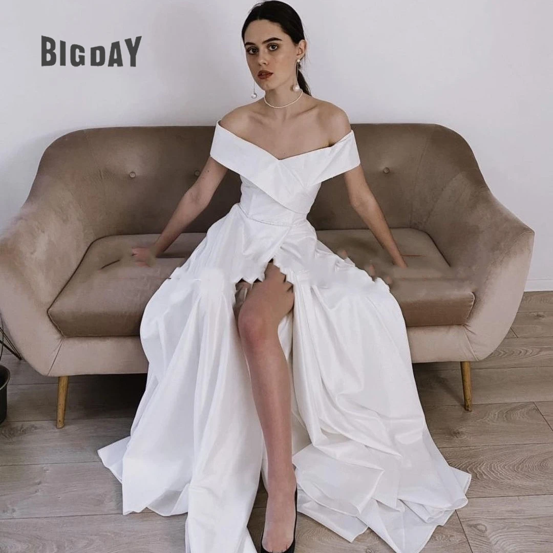 Simple Wedding Dress For Woman Strapless A-Line Satin Side Slit Off The Shoulder Bride Gown Train Vestidos De Novia Customized