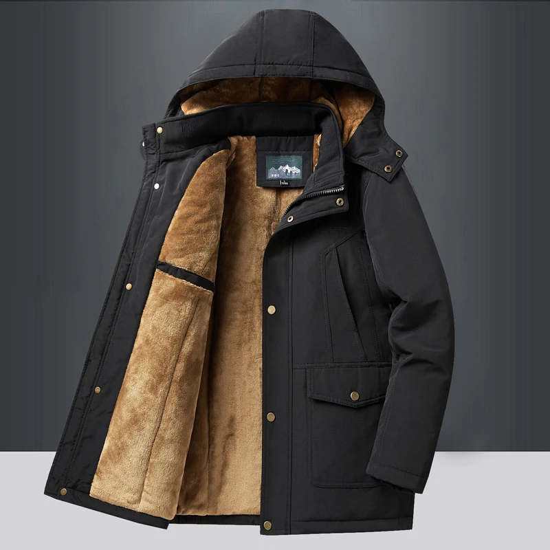 Herren Winter jacke neue einfarbige kälte beständige verdickte Outdoor-Camping Kapuzen mantel Herren mittellange Stile Baumwoll kleidung