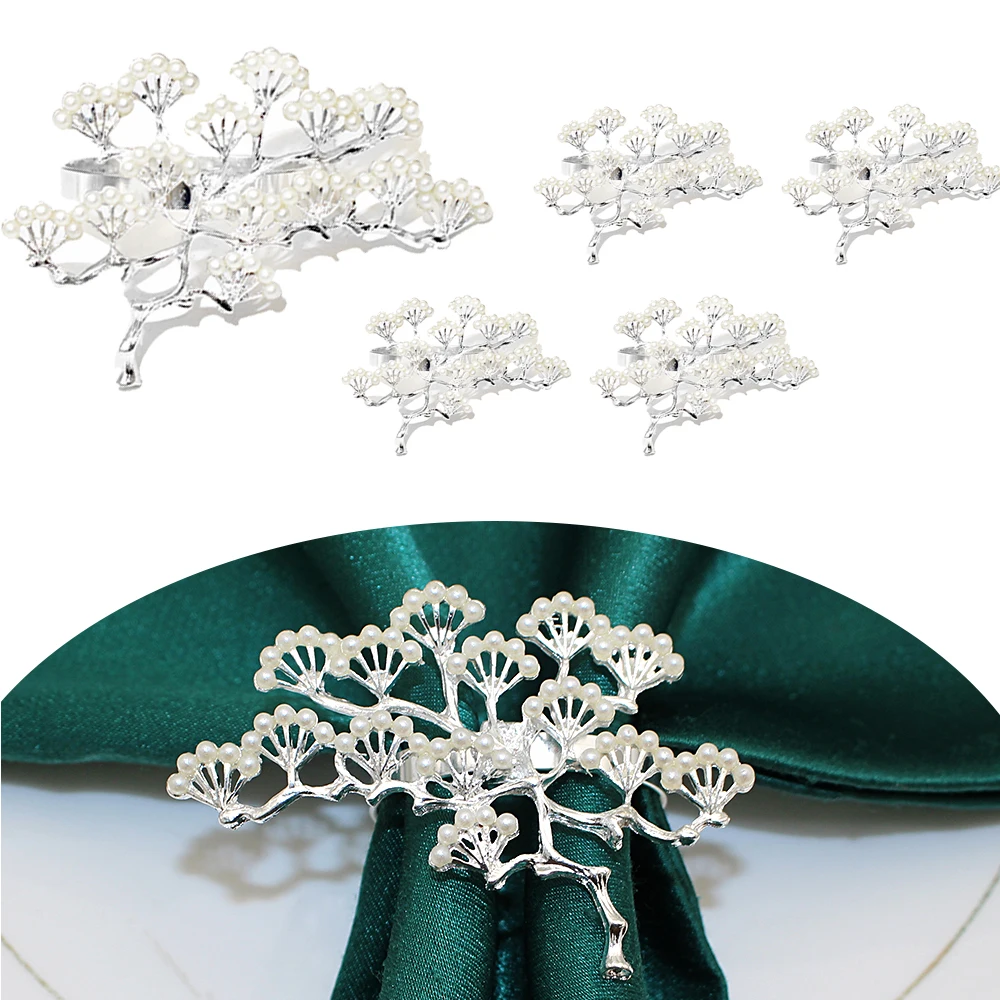 

6 шт. золотые и серебряные кольца для салфеток из сосны с жемчугом, металлический декор стола в китайском стиле для роскошной свадебной вечеринки, домашней столовой