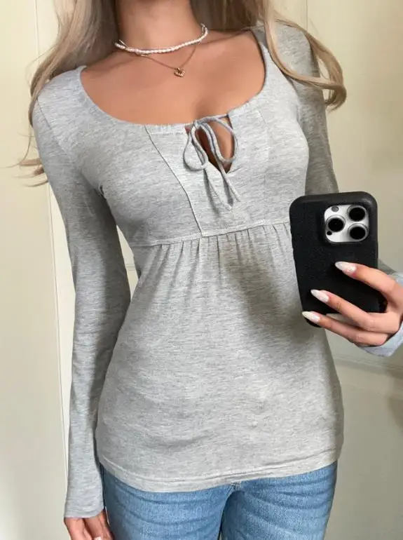 Women's Clothing 2025 Autumn Winter Hot Girl Versatile Long Sleeved Base Shirt T-Shirt Sexy Lace Up Retro Elegant T-Shirt