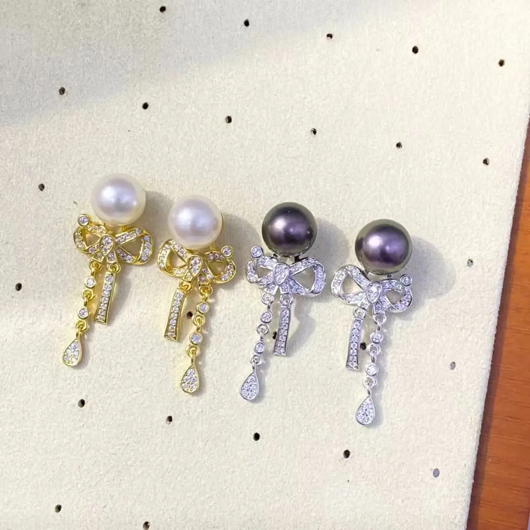 Bow Knot S925 Sterling Silver Earrings Mount Findings Settings Base Mounting Parts Accessory for 8-9mm Pearls 5 pairs/lot