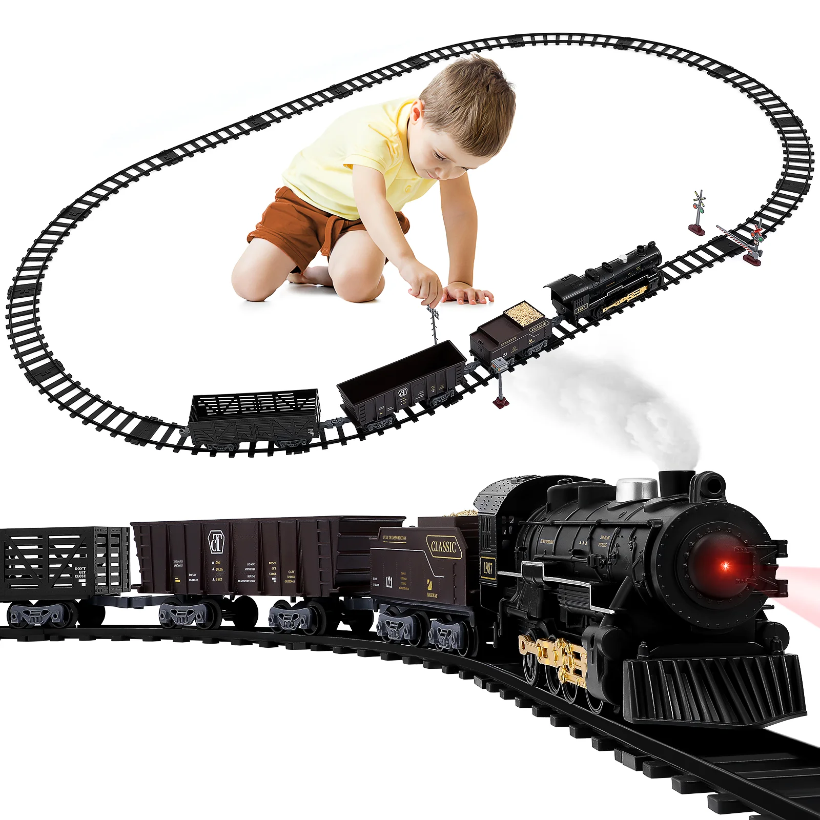 TOYANDONA Kids Model Train Set Train Model Kit Train Tracks Toys Simulation Headlight Whistle Locomotive Toy