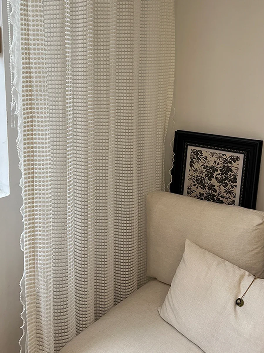 Curtains For Living Room Bedroom French Window Balcony Window Custom Jacquard Lattice Hollowed Out Woven Embroidery White Gauze