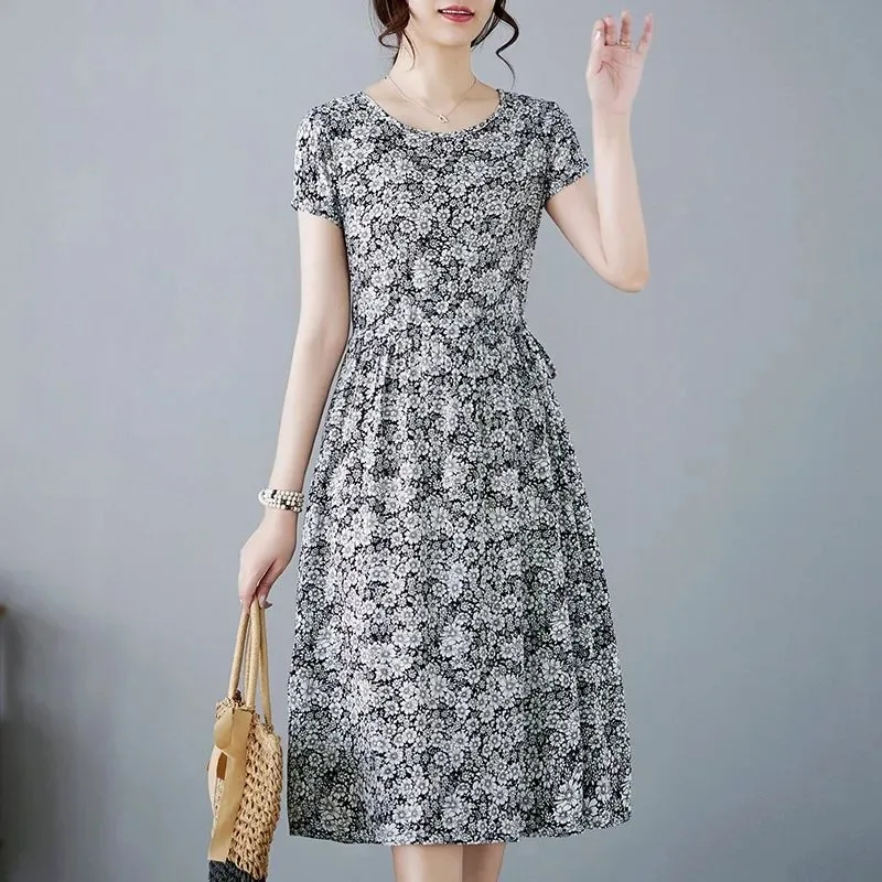 

Black White Floral Print Midi Dress Women Casual Short Sleeve Round Neck Waist Tie A Line Dress