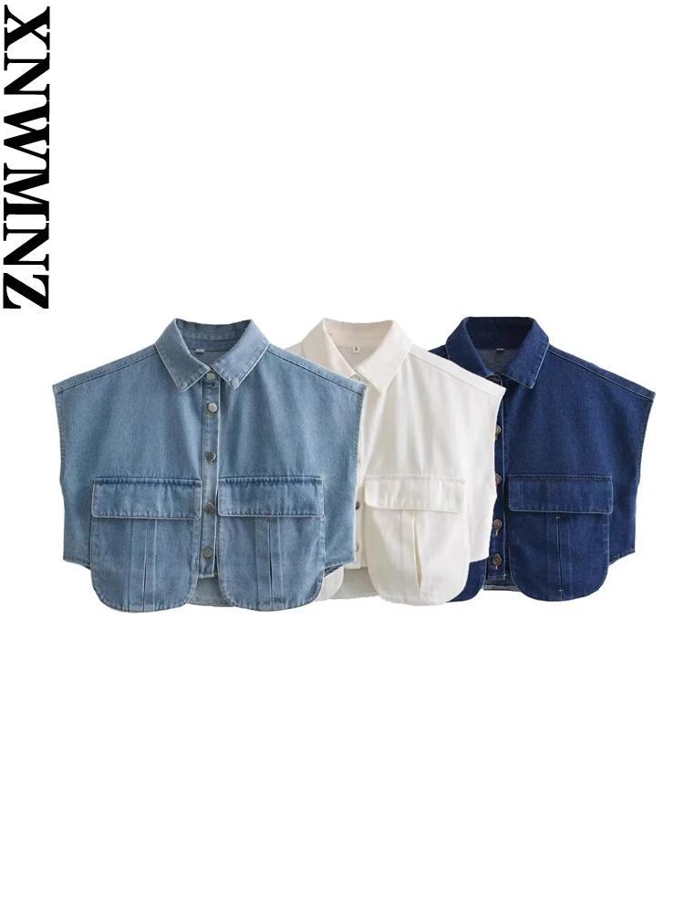 XNWMNZ 2024 Women Fashion Pockets Cropped Denim Shirts Sexy Sleeveless Button-up Female Blouses Blusas Chic Top