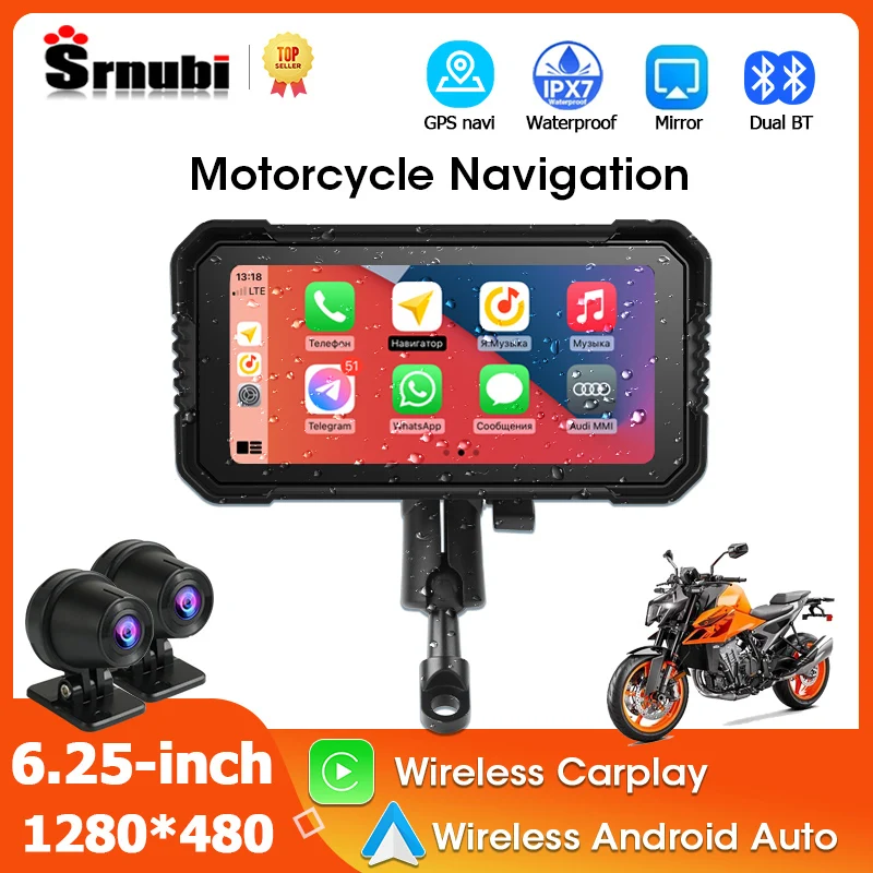 

Srnubi 6.25" Motorcycle DVR or Player Navigation GPS CarPlay Android Auto 1080P Camera Dual Bluetooth with Moto Tire Pressure