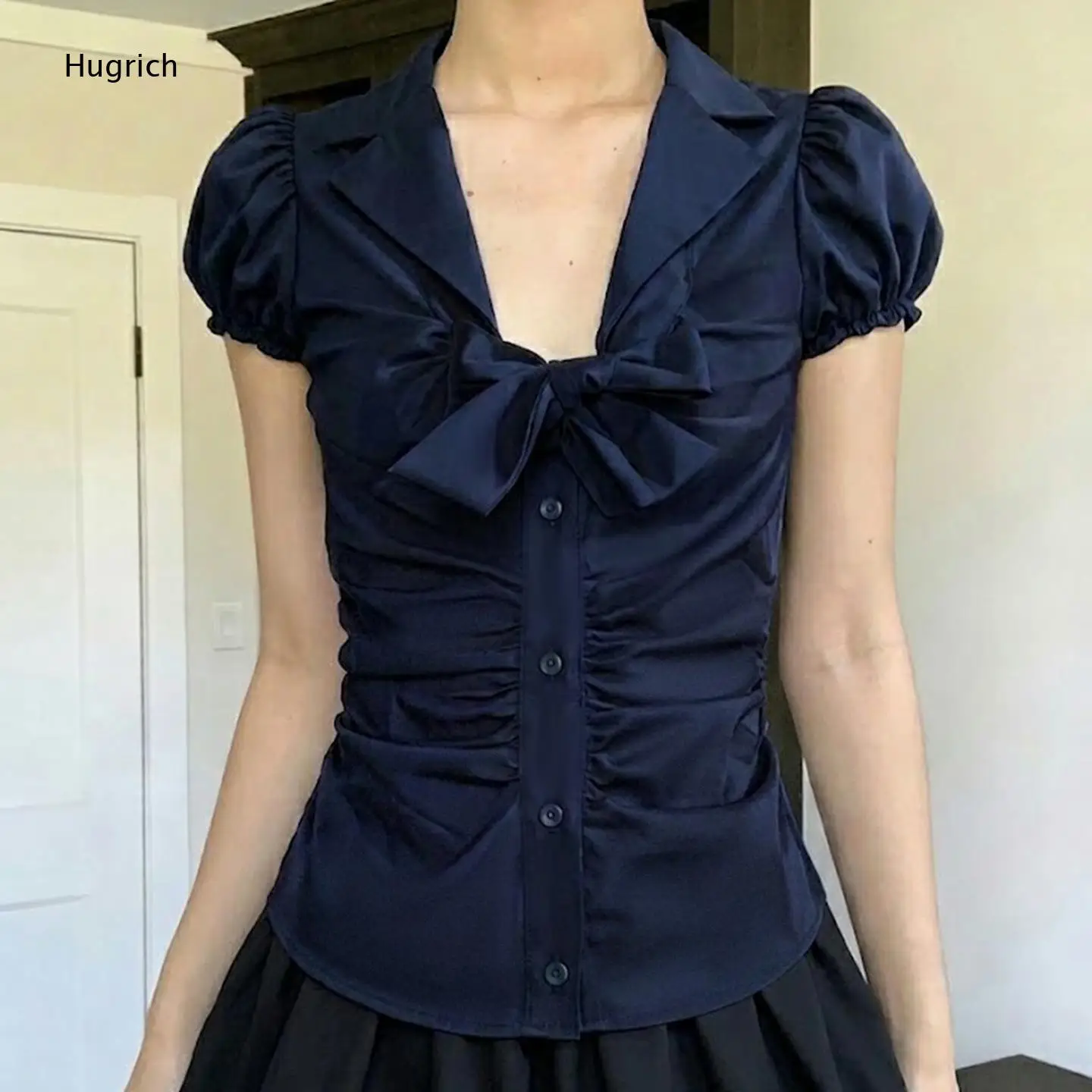 Navy Blue Satin Blouse Notched Lapel Puff Sleeve Large Front Bow Side Ruched Button Slim Fitted Top