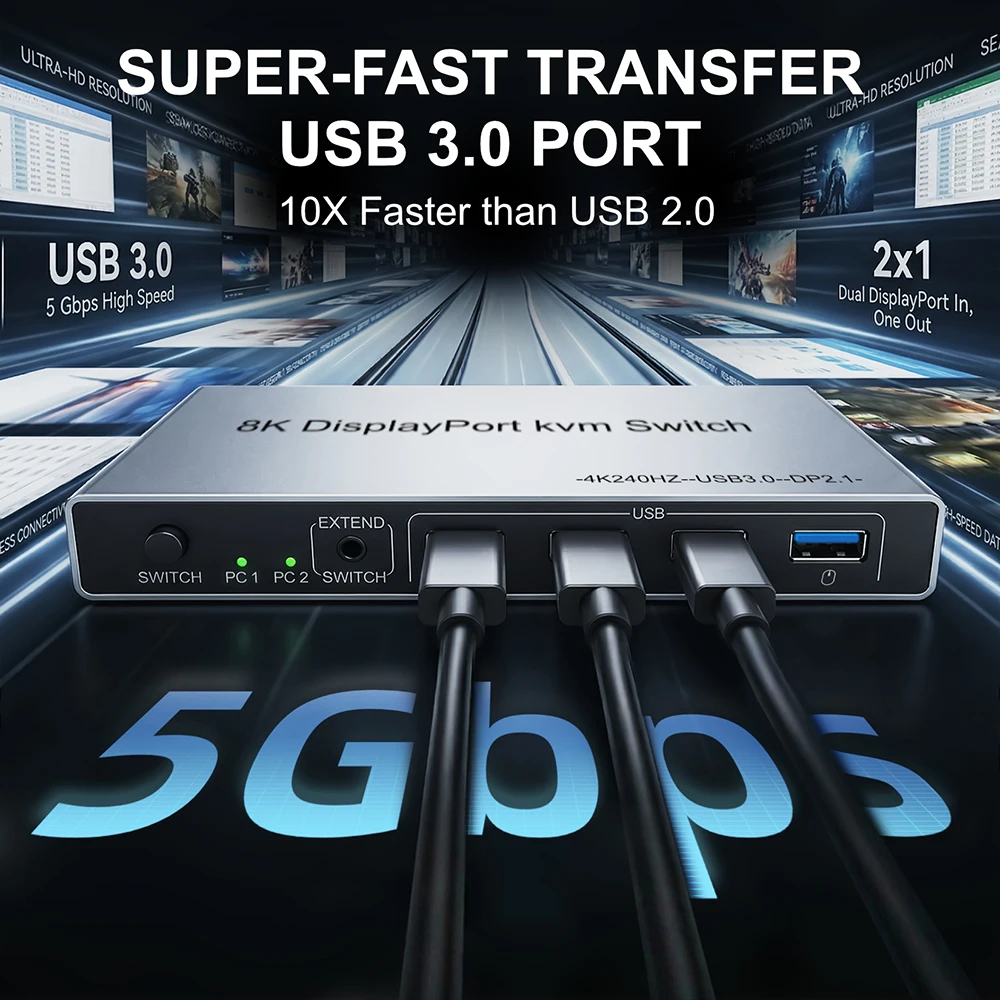 8K Displayport KVM Switch 4K@144hz 2-port USB KVM 8K Displayport 1.4 Switch KVM Dp switch mouse&keyboad supported