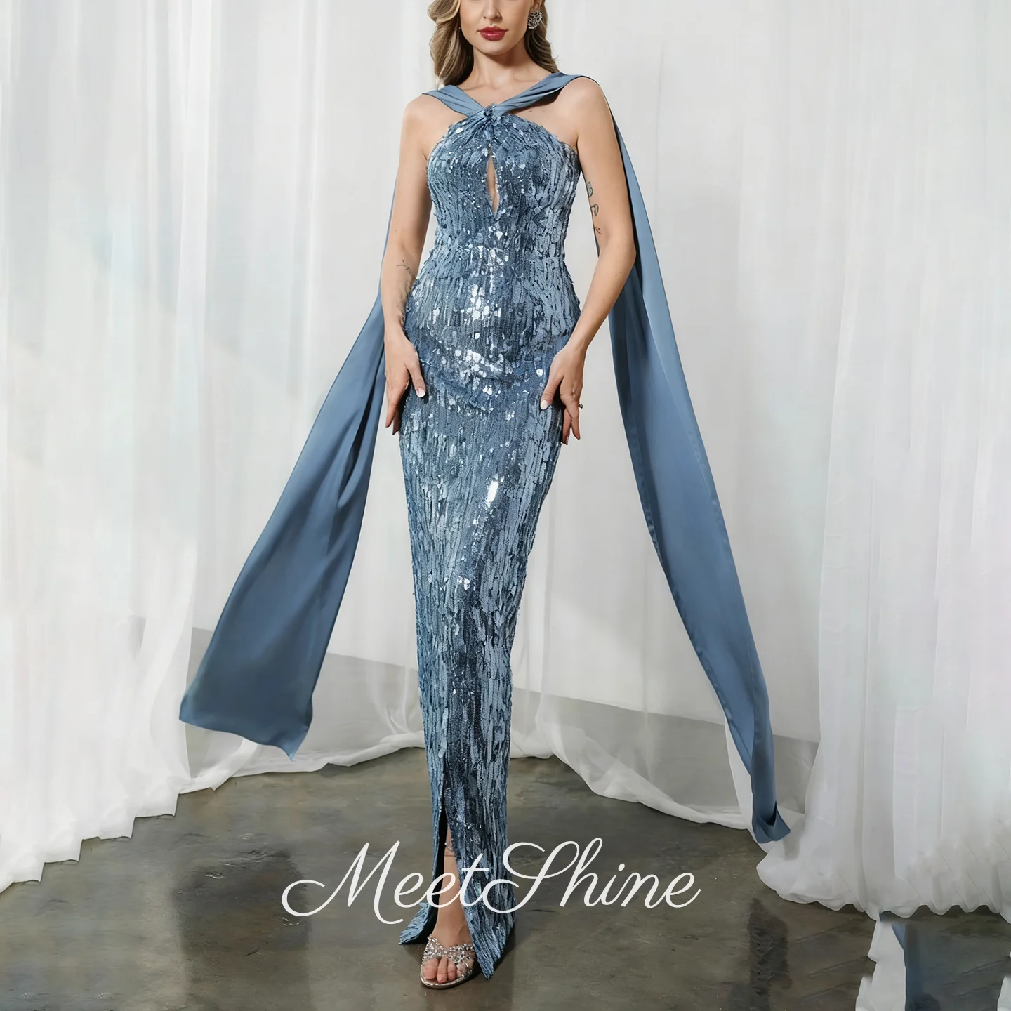 Dubai Strapless Sequins Glitter  Evening Dresses Luxury Mermaid Side Slit Tulle Prom Dress Formal Occasion Dress Customized