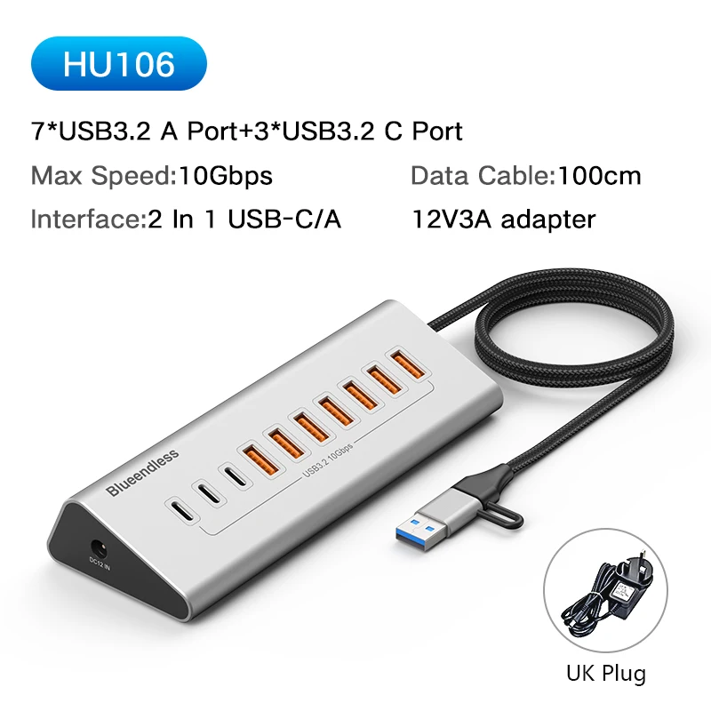Blueendless Aluminium 10Gbps USB3.2 Gen2 4/10-Port HUB Dockingstation USB-C USB-A Typ C Splitter Adapter für PC Laptop MacBook