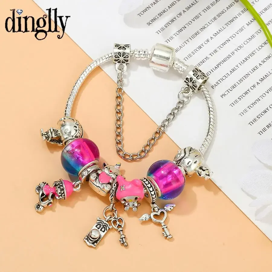 

DINGLLY boy & girl Unicorn Animal Beads Bicycle Door Lock Key Charm Bracelets For Women DIY Beads Bangle Gifts Jewelry