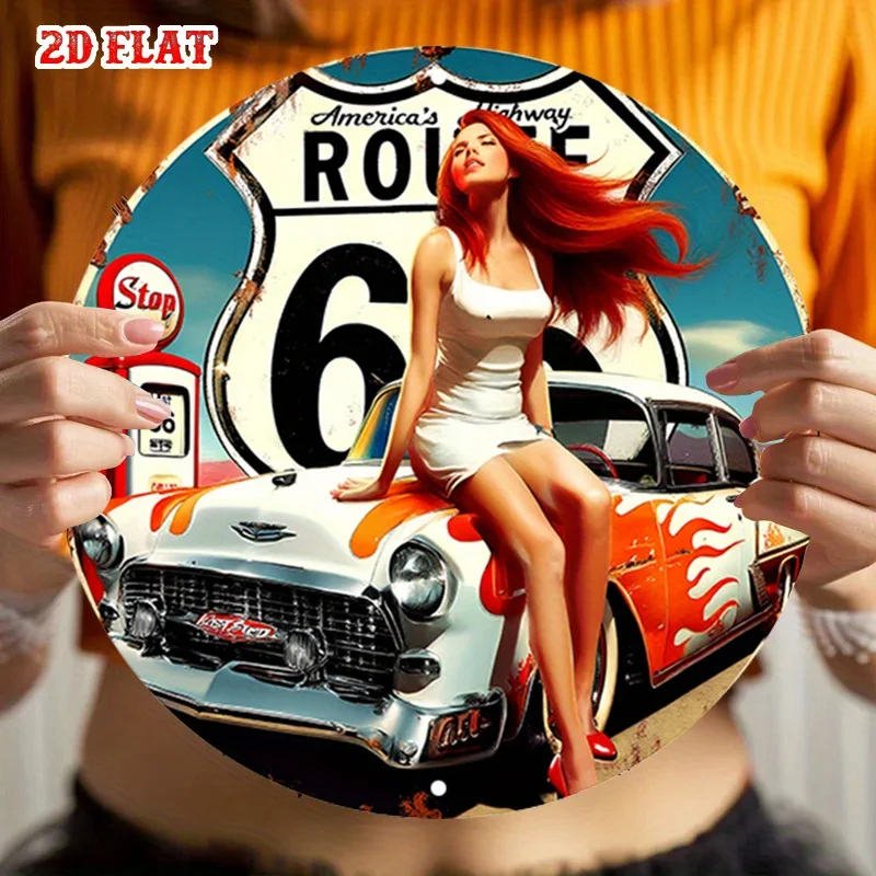 Vintage Route 66 Metal Sign - Retro Diner Wall Art with Pinup Girl & Classic Car, Aluminum Round Poster for Home Living Room