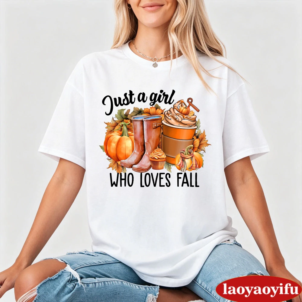 Just A Girl Who Loves Fall Graphic White Tee Women Rain Boot Coffee T-Shirt Cozy Autumn Top Seasonal Fashion Shirt