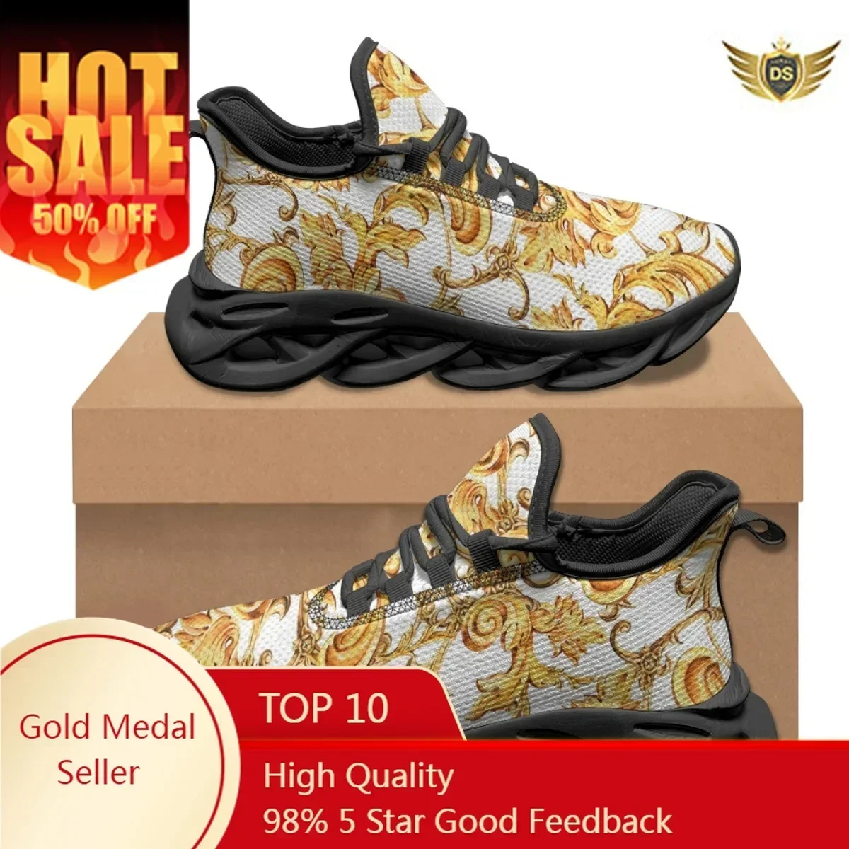

Breathable Comfortable Summer Flats Shoes Gold Baroque Designer Sneakers Female Shock Absorbing Mesh Shoes Zapatos Mujer