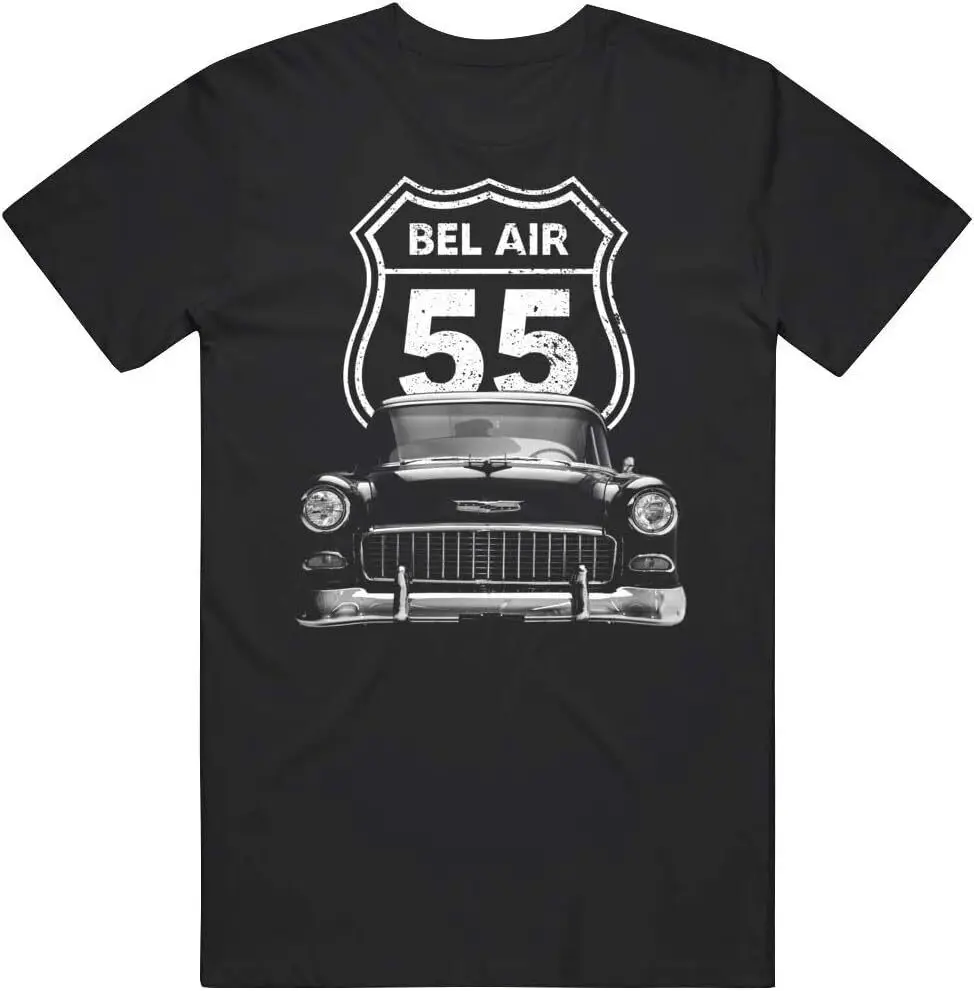 1955  Bel Air Front Grill View with Highway Sign T Shirt Anime Graphic T-shirts for Men Clothing Women Tees Y2K tops Unisex Summ