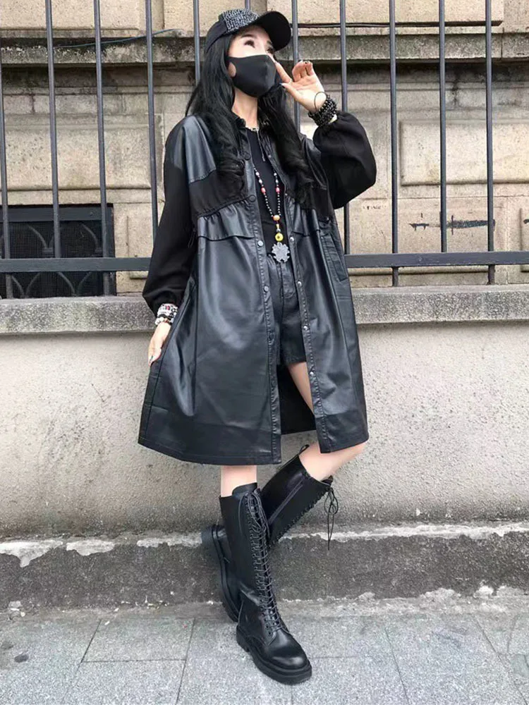 Max LuLu 2022 Fall Fashion Long Windbreakers Womens Loose Vintage Black Faux Leather Trench Coats Ladies Casual Punk Pu Jackets