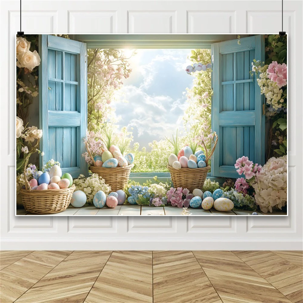 خلفية عيد الفصح للتصوير الفوتوغرافي حديقة الربيع بيض أرنب عيد الفصح زهرة السماء الغيوم نافذة خلفية استوديو الصور