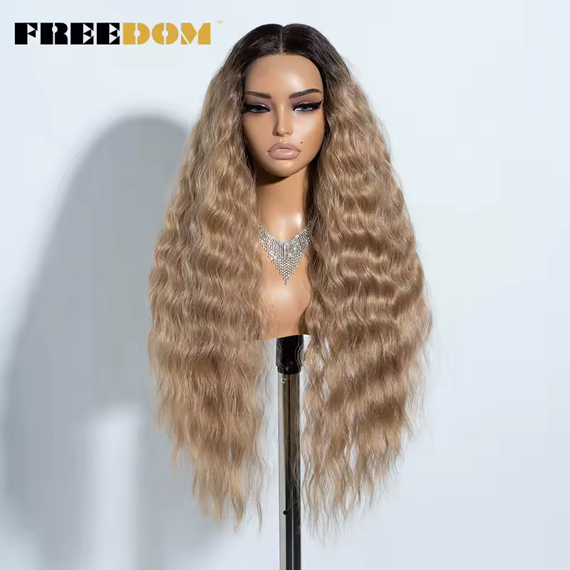 FREEDOM Synthetic Lace Front Wig Long Deep Wavy Ombre Blonde Ginger Lace Wigs For Black Women Heat Resistant Cosplay Wigs - Image 8