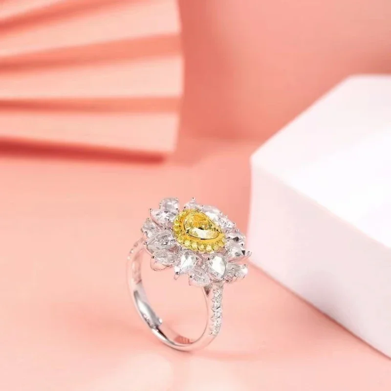 Flower 3.7 Carat Yellow Diamond 18k Gold Ring For Women Wedding Bands Cute Romantic Engagement Gift