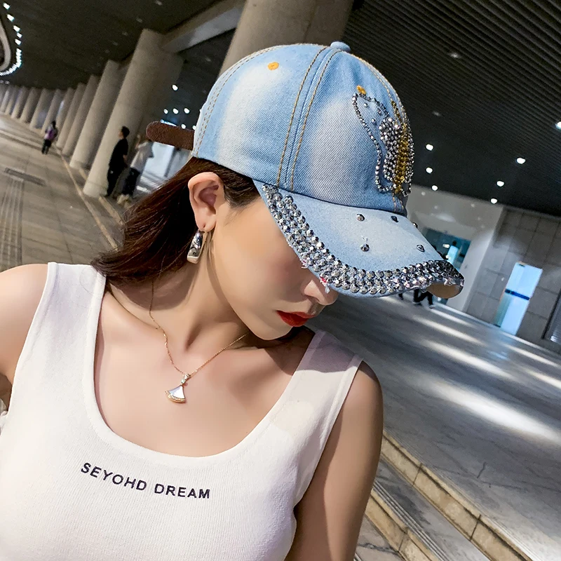 Denim Hat Baseball Cap Women Spring Summer Rhinestone Sports Cap Trendy Leisure Sunshade Outdoor New Korean Casual Cowboy Retro