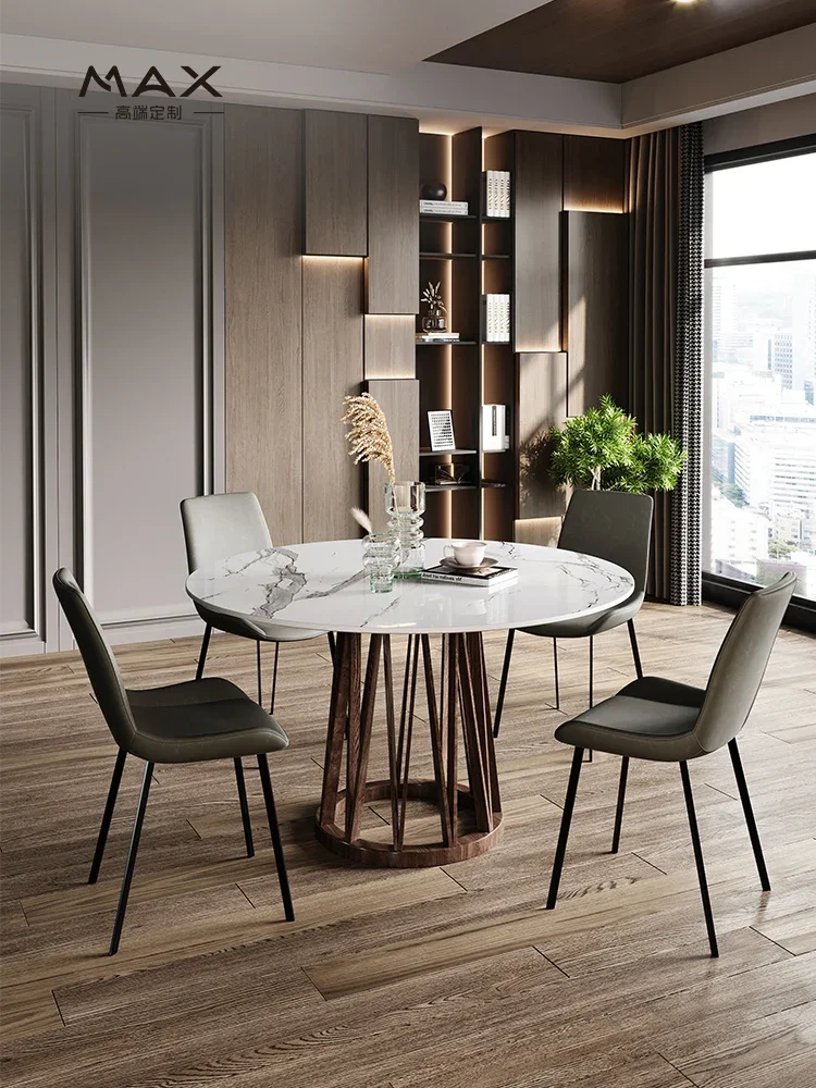 

Italian minimalist solid wood bright rock slab round dining table and chair combination modern simple household round table