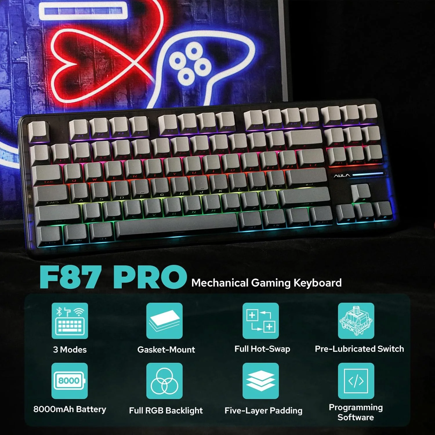 AULA F87 Pro Mechanical Keyboard 3 Mode 2.4G/USB/Bluetooth Tri Mode Wireless Gaming Keyboard 87 Key Hotswap RGB Gasket Keyboard