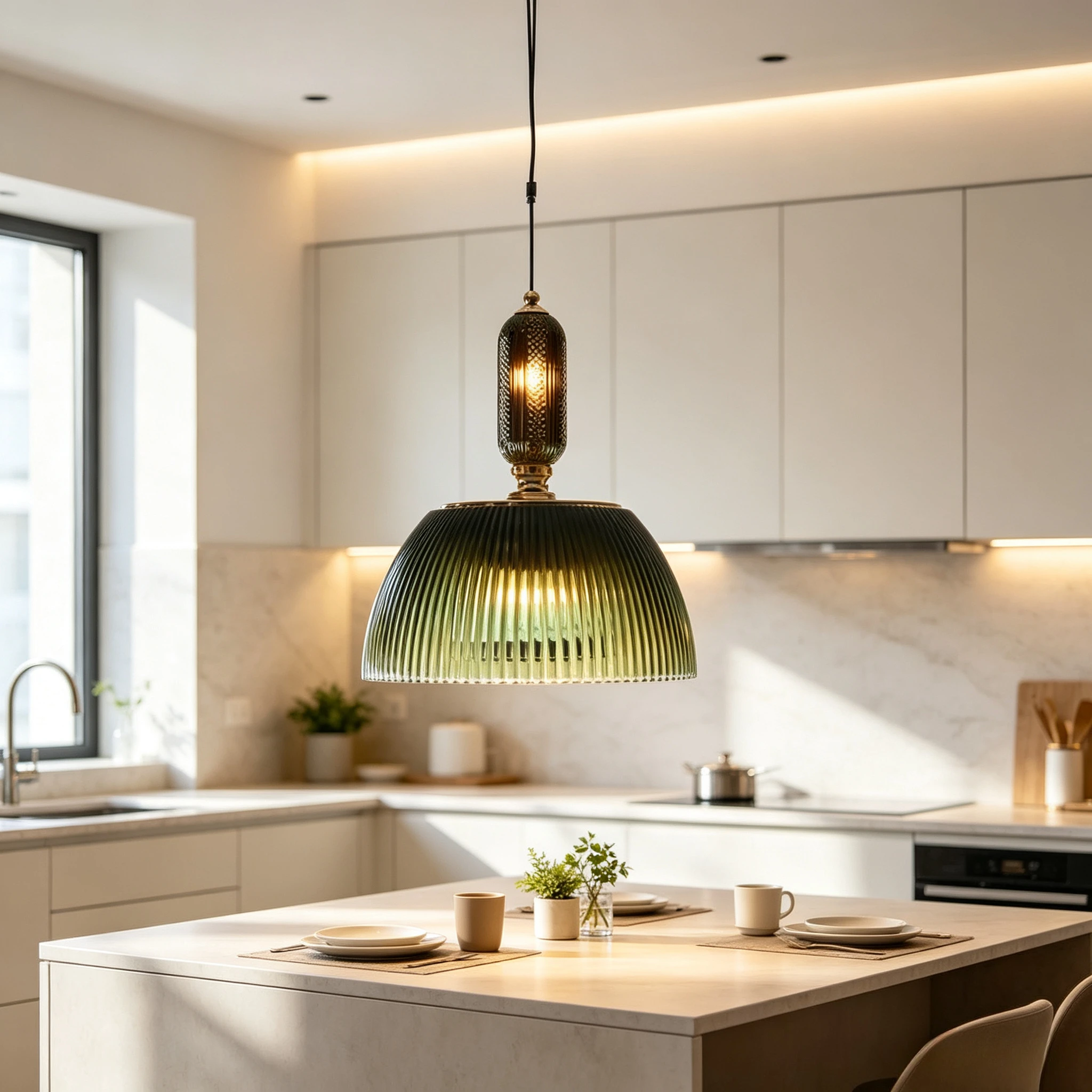 Nordic Retro Green Stripes Glass Pendant Light Ceiling Bedroom Led Chandelier Kitchen Island Hanging Lamps Study Indoor Lighting