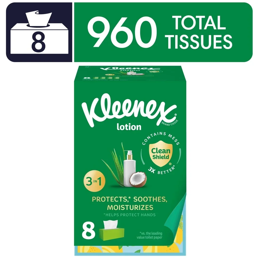 Lotion Facial Tissues 3-Ply with Coconut Oil Aloe Moisturizing 960 Tissues 8 Flat Boxes Clean Shield Technology Skin Protection