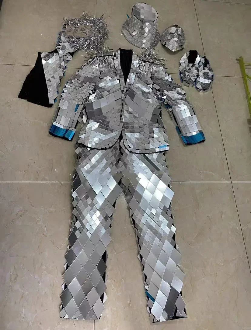 Silver Pink Mirror Men's Set Personalized Performance Clothing Private Customized Tour Amusement Park Clothing Bar Stage