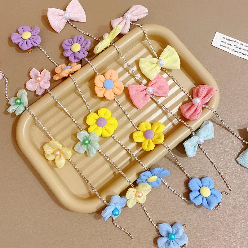 Color Flower Side Barrettes Bow Braided Hair Chain Pearl Butterfly Hair Chain Girls Baby Hairpin Hair Accessories Wholesale