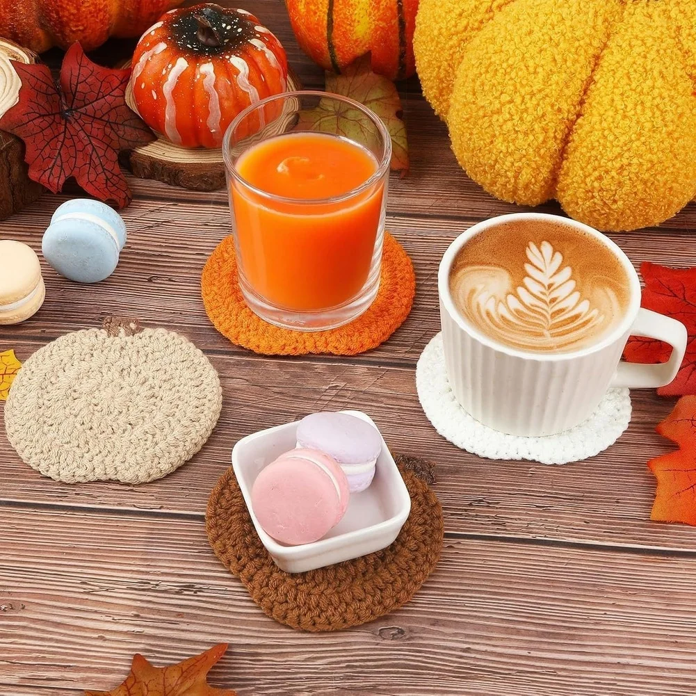 Set of 8 Crochet Pumpkin Coasters for Table Decor Knitted Drink Mats Cup Protectors 10x10x0.5cm Rustic Home Accent