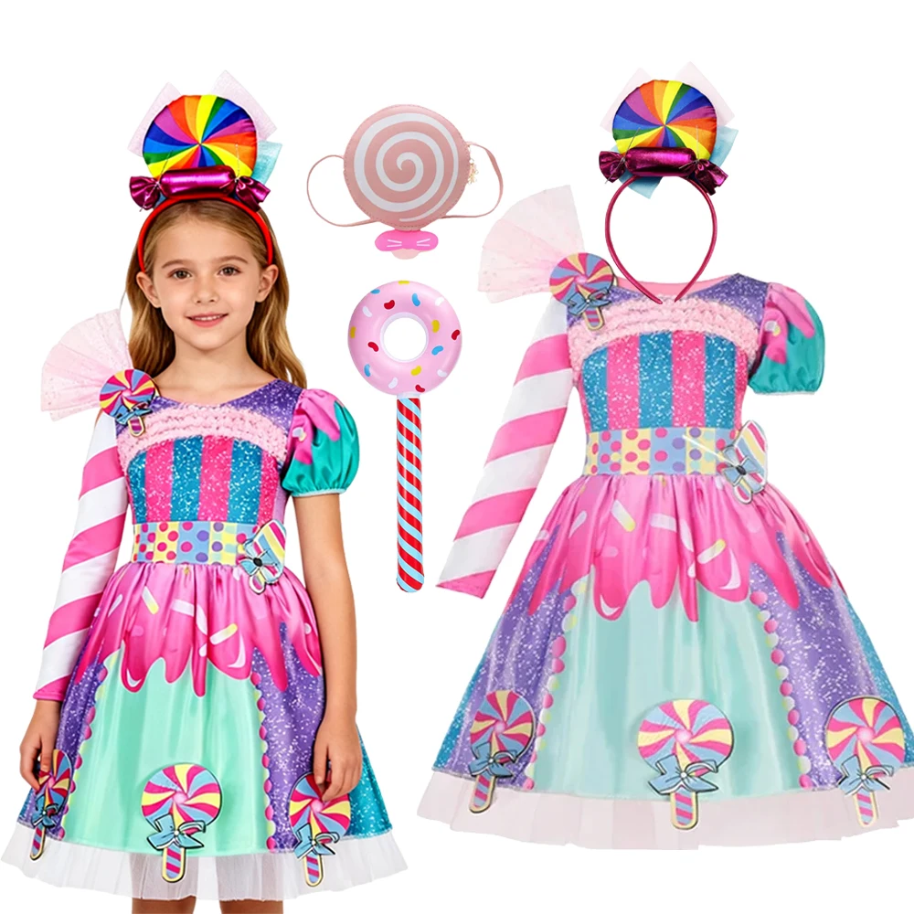 2026 Kids Purim Disguise Rainbow Candy Dress With Headband Lollipop Cosplay Costume Children Dress Birthday Carnival Party Gift