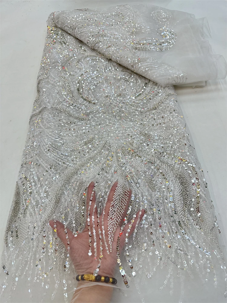 

African French Sequined Lace Fabrics 2025 High Quality Tulle Lace Nigerian Beaded Embroidered Dress Material For Party Wedding