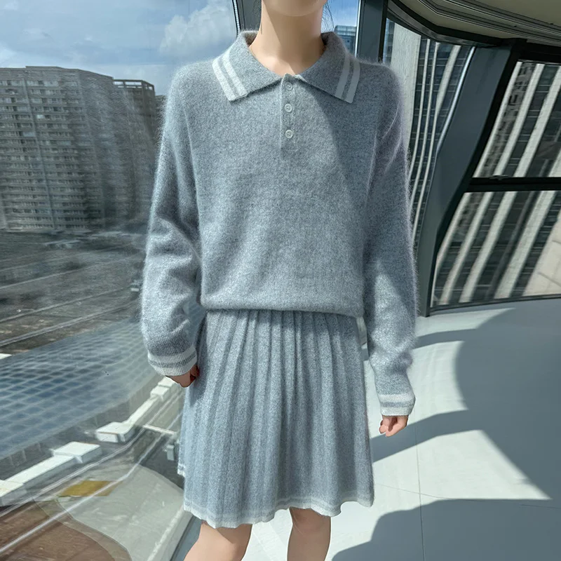 Women's 100% Mink Fur Two-Piece Set with Knitted POLO Pullover And Fashionable Elastic Waist Short Skirt Pleated Design Winter