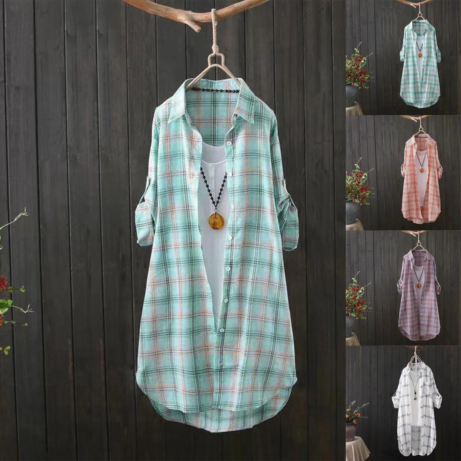 Women Plaid Cotton Long Shirt Fashion oversizedd Loose Button Casual Tunic Shirt Blouse Female Long sleeve Beach Sunscreen Tops