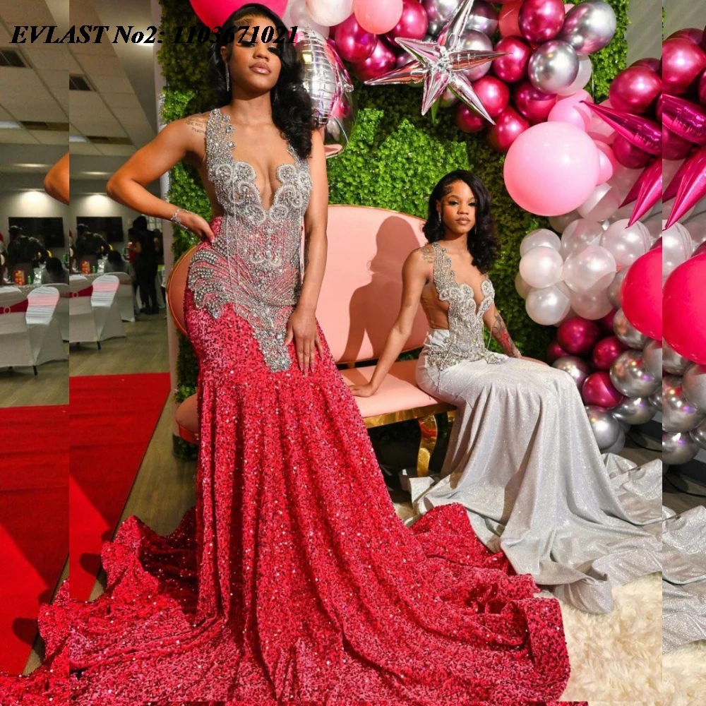 EVLAST Customized Pink Sequins Mermaid Prom Dress For Black Girls Silver Diamonds Crystal Beaded Evening Party Gown Soirée E2P50