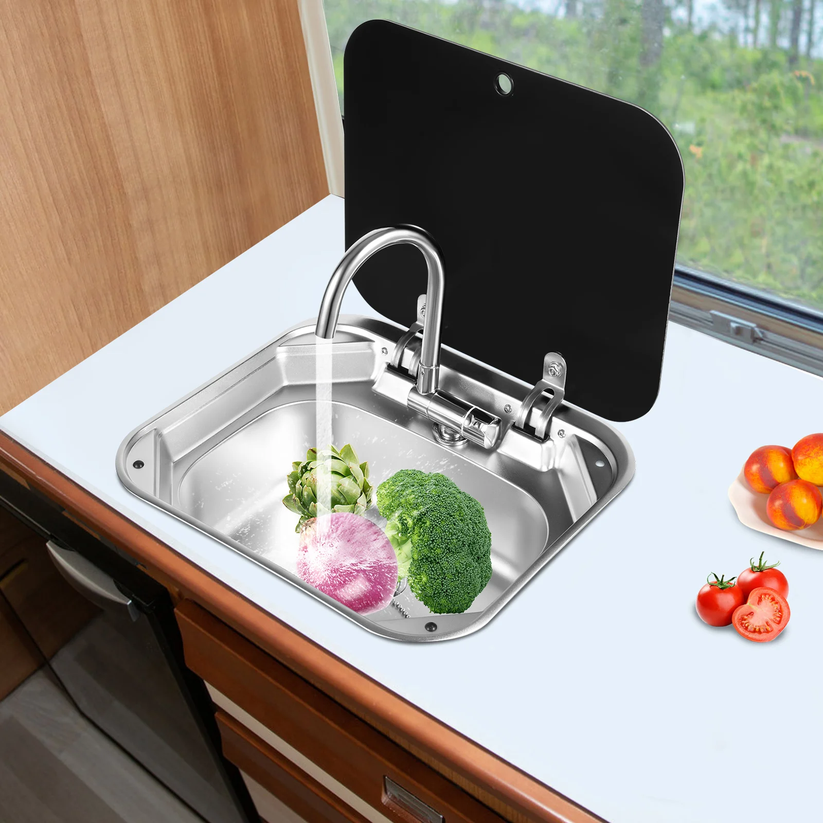

304 Stainless Steel Sink For RV with Tempered Glass Cover Lid With Hot Cold Regulation Tap Folded Faucet