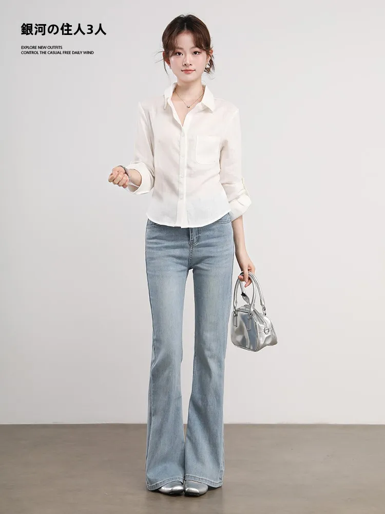 

Женские джинсы-клеш с высокой талией, облегающие, светло-голубые, прямые, летние, модные, повседневные, коллекция 2026