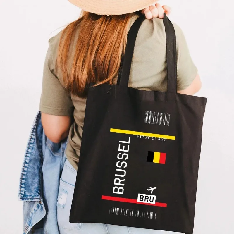 Paris New York Shoulder Bag London Flight Ticket First Class Women Canvas Black Handbags Totes Eco Reusable Cotton Shopping Bags