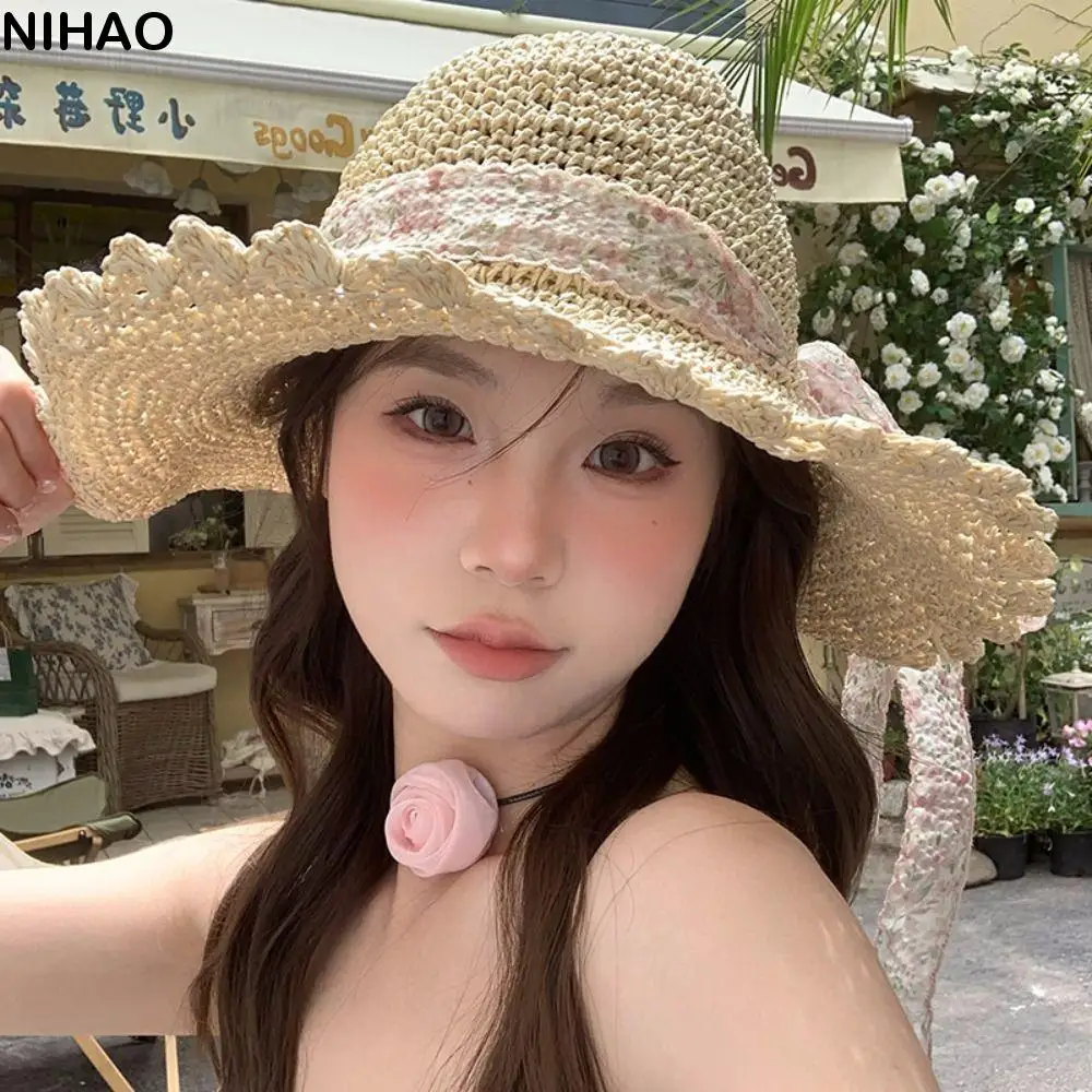 

Elegant Spring Summer Bow Ribbon Straw Hat French Style Foldable Lace Straw Hat Beach Big Brim Women's Sun Hat Travel