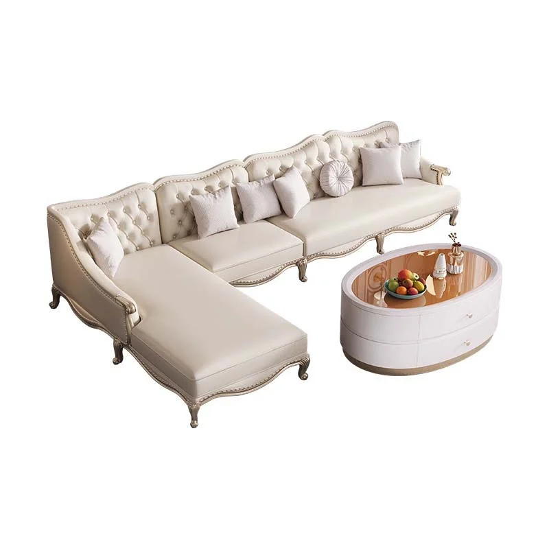 -For Hot Selling  Europe Style Leather Living Room Sofas Modern L Shape Sofa Set Living Room Furniture Antique Wooden Sofa&
