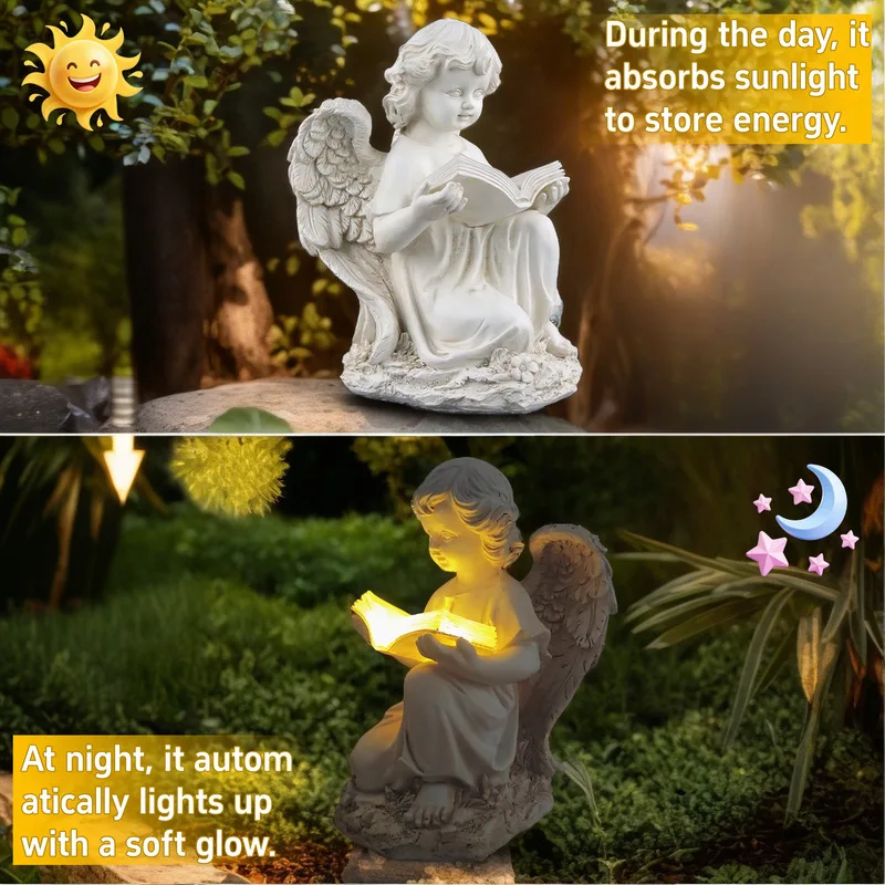 Factory Direct 2026 Creative Solar Reading Angel Ornament Courtyard Outdoor Statue Decoration