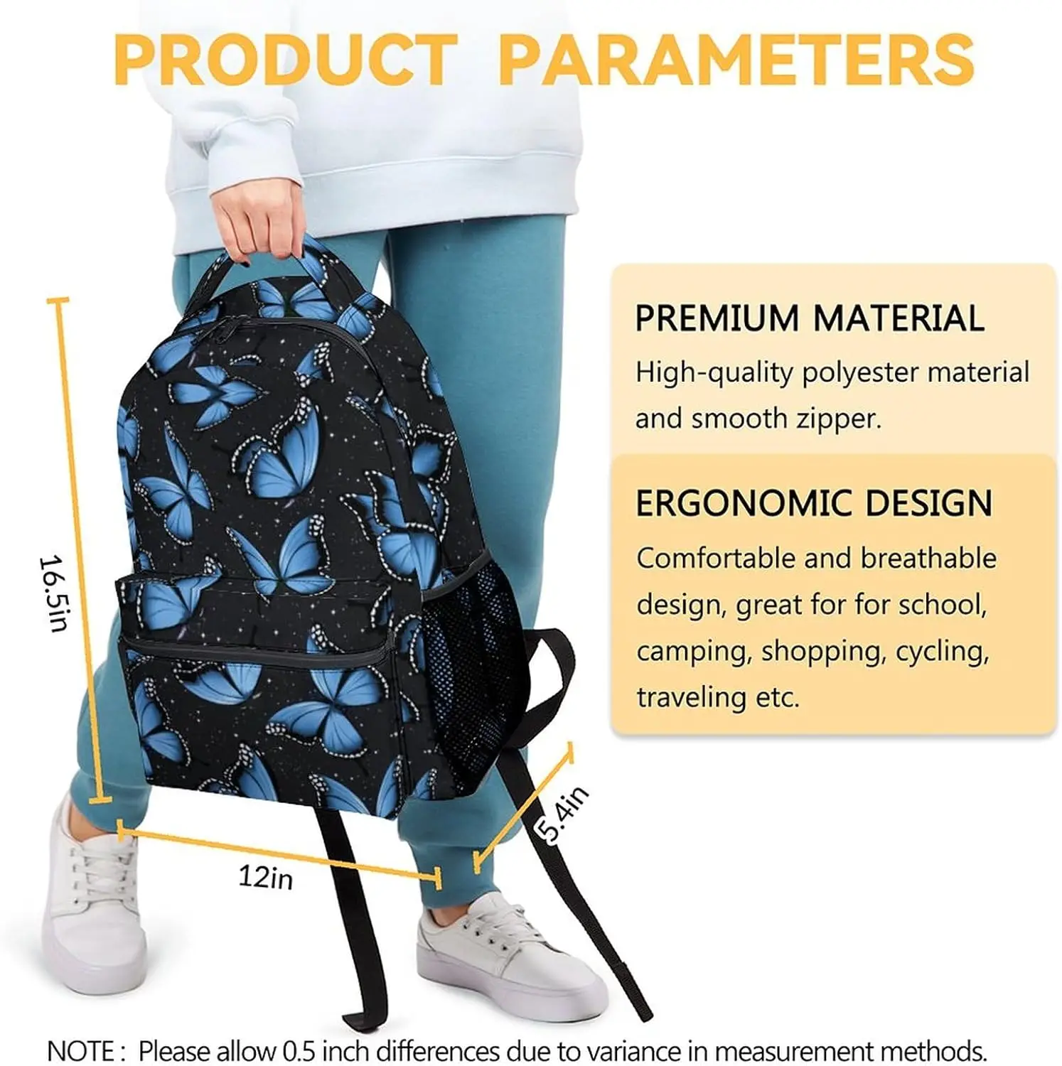 حقيبة ظهر على شكل فراشة للبنات، حقيبة ظهر جمالية مقاس 16 بوصة للمدرسة، أزرق، أشرطة قابلة للتعديل #3