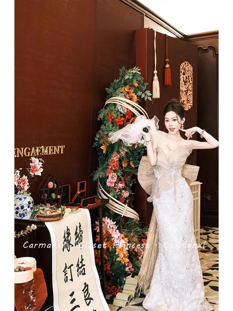 

New Chinese-style morning robe toasting light luxury and niche style heavy sequined fishtail dress