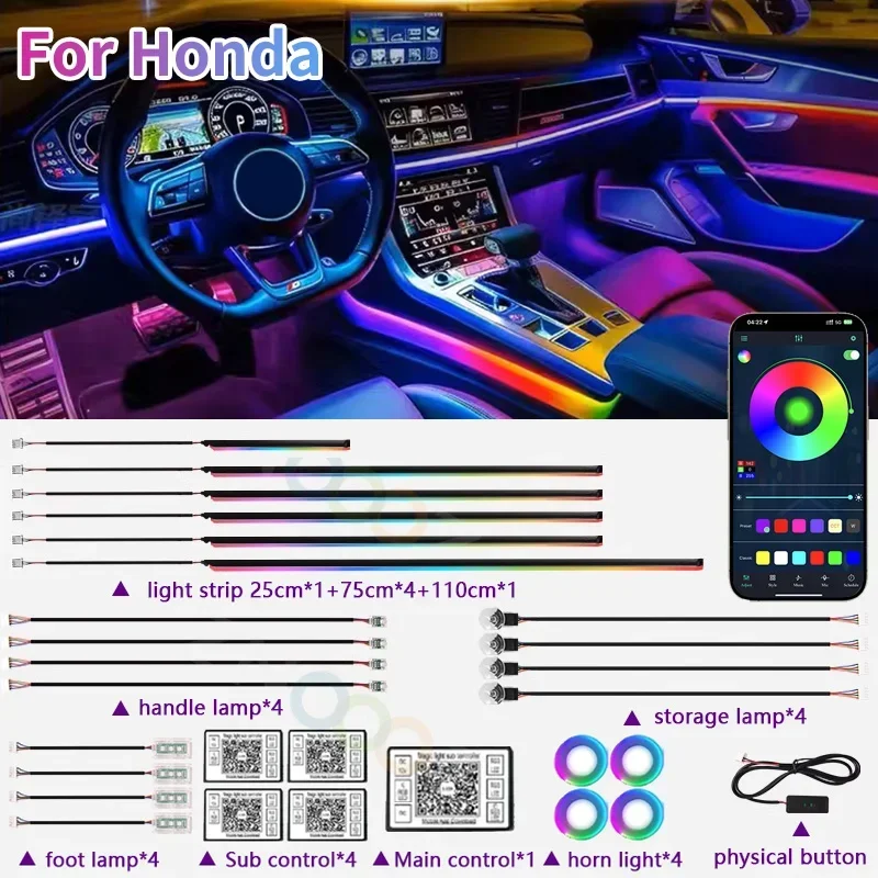 

RGB 22 в 1 Автомобильный внутренний Акриловый автомобильный окружающий свет для Honda Fit дюймов, потоковый светильник Stepwgn Crosstour BRV WRV Brio, аксессуары